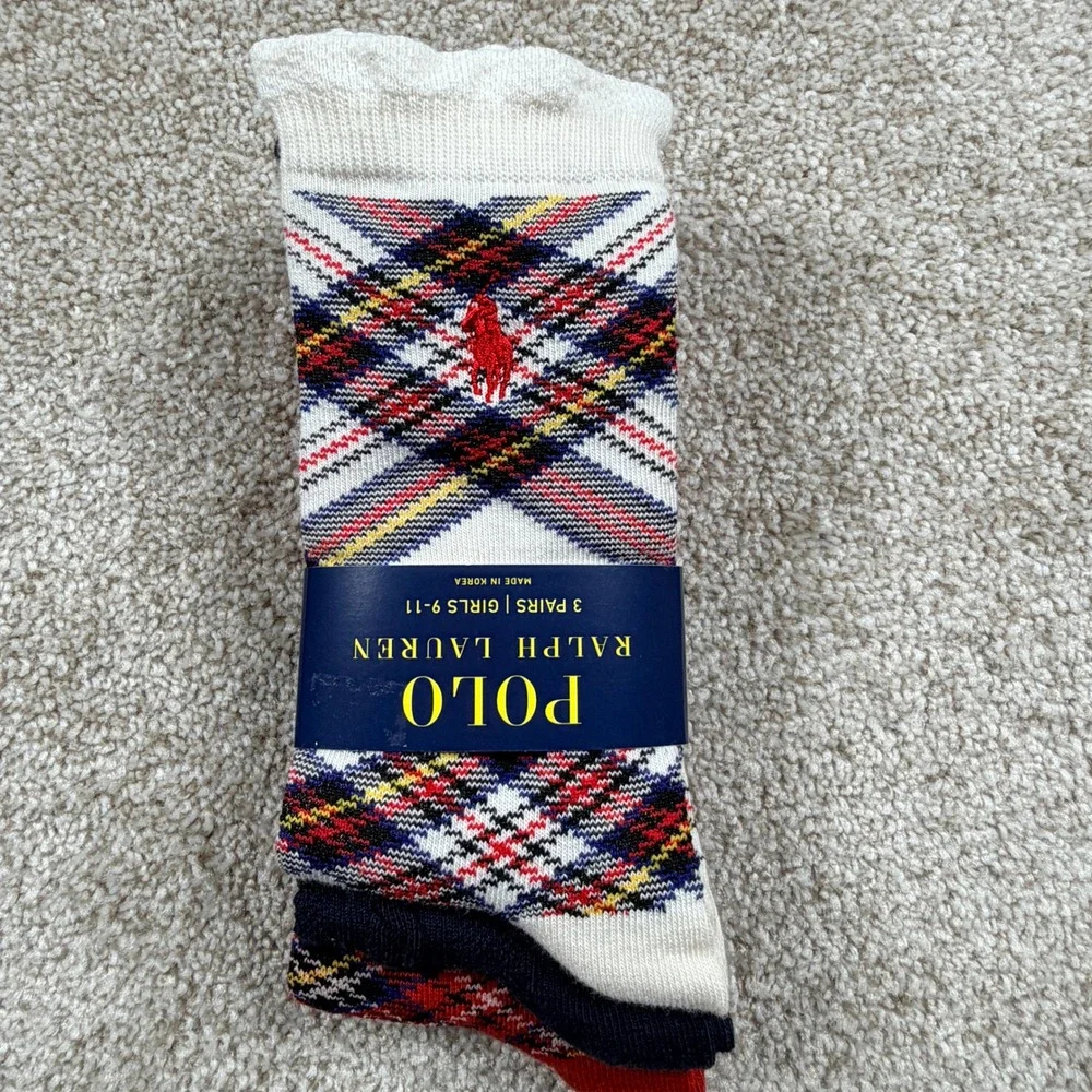 Polo Ralph Lauren Girls 3 Pack Crew Socks Plaid Navy Cable Knit Size 9-11 NEW